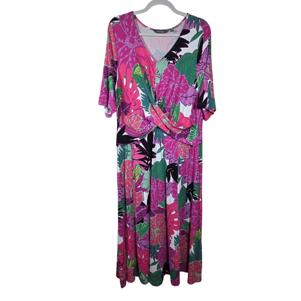 Ulla Popken Womens Tropical Floral Twist Front Maxi Dress Pink 12/14 Resort wear